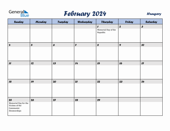 February 2024 Calendar with Holidays in Hungary