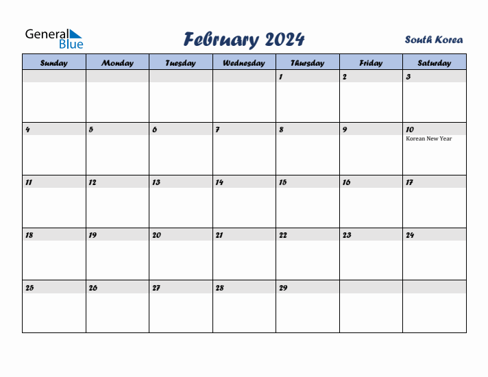 February 2024 Calendar with Holidays in South Korea