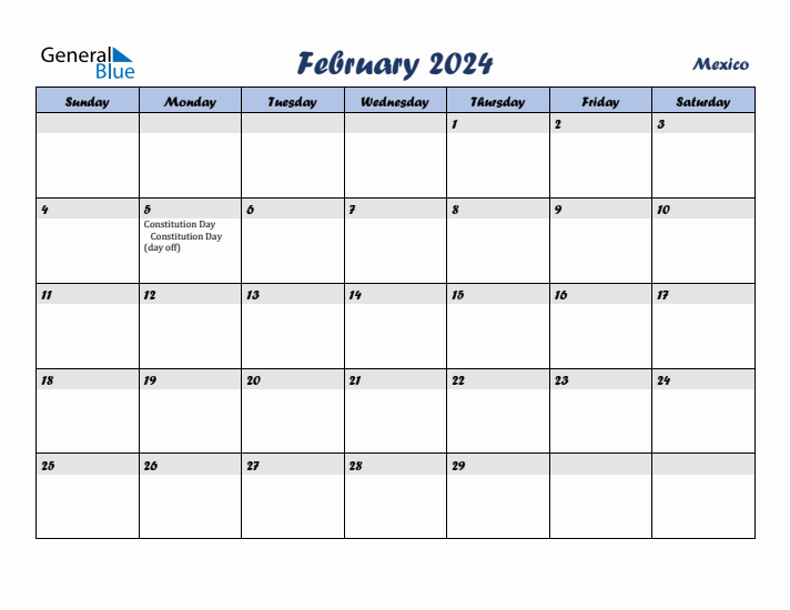 February 2024 Calendar with Holidays in Mexico