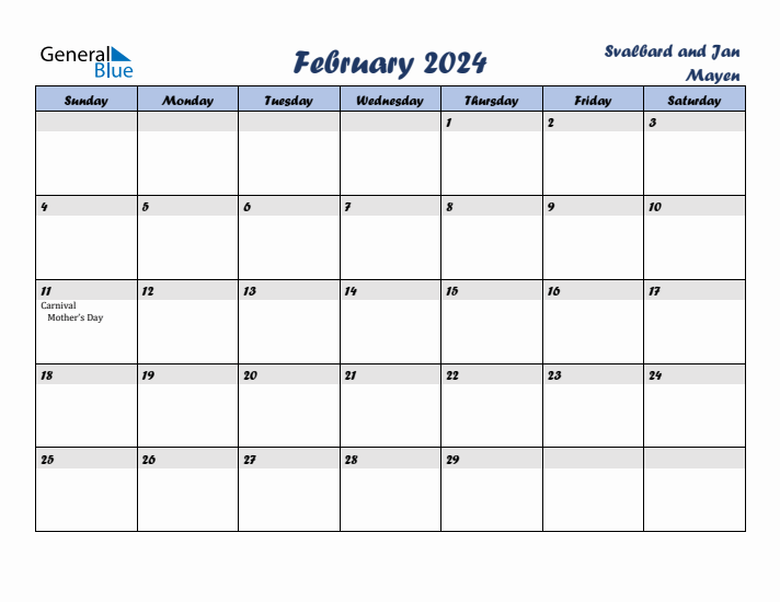 February 2024 Calendar with Holidays in Svalbard and Jan Mayen