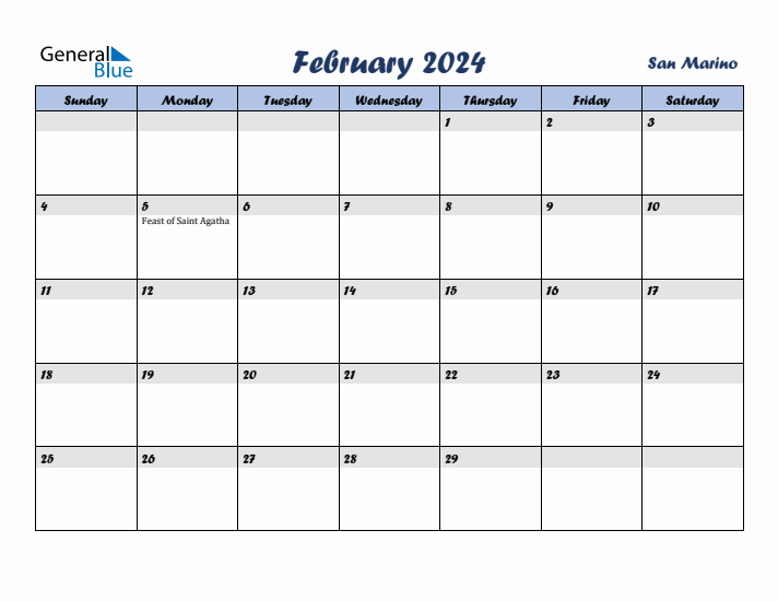 February 2024 Calendar with Holidays in San Marino