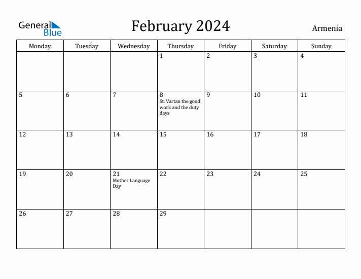 February 2024 Calendar Armenia