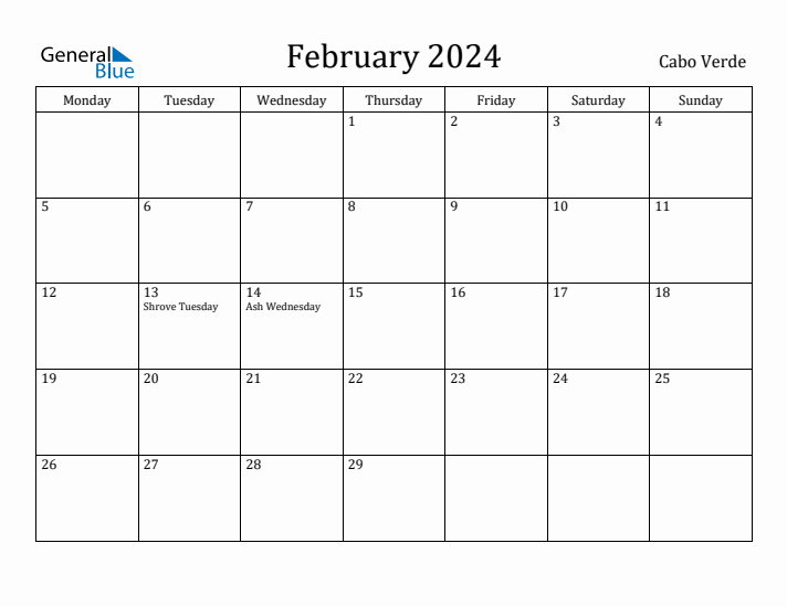 February 2024 Calendar Cabo Verde