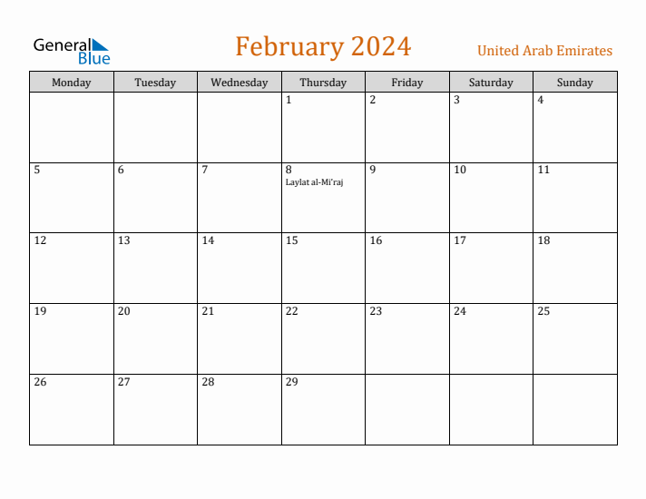 February 2024 Holiday Calendar with Monday Start