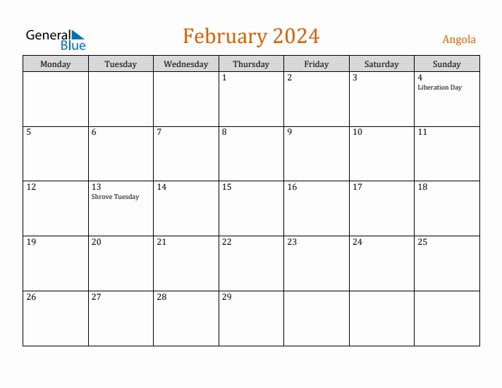 February 2024 Holiday Calendar with Monday Start