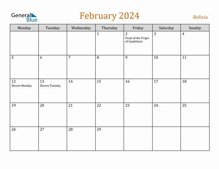 February 2024 Holiday Calendar with Monday Start