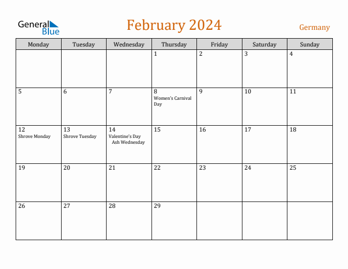 February 2024 Holiday Calendar with Monday Start