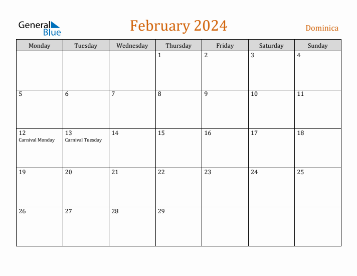 February 2024 Holiday Calendar with Monday Start