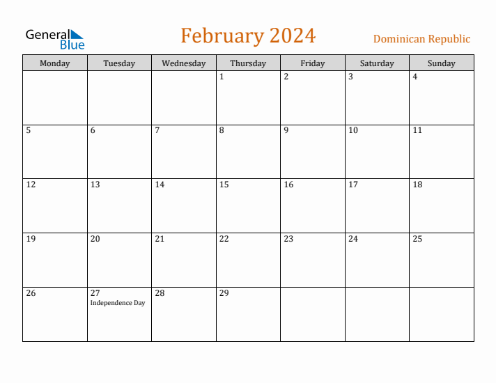 February 2024 Holiday Calendar with Monday Start