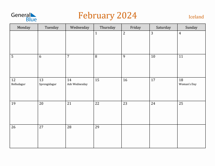 February 2024 Holiday Calendar with Monday Start