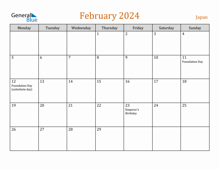 February 2024 Holiday Calendar with Monday Start