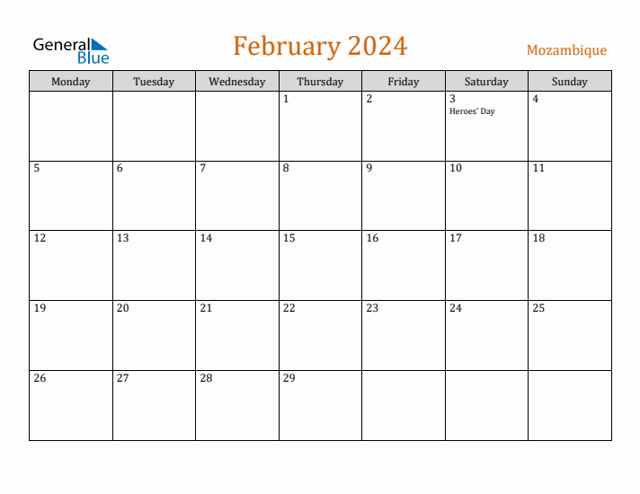 February 2024 Holiday Calendar with Monday Start