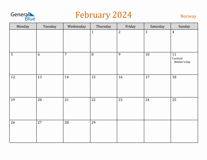 February 2024 Holiday Calendar with Monday Start