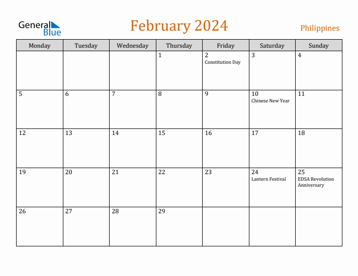 February 2024 Holiday Calendar with Monday Start