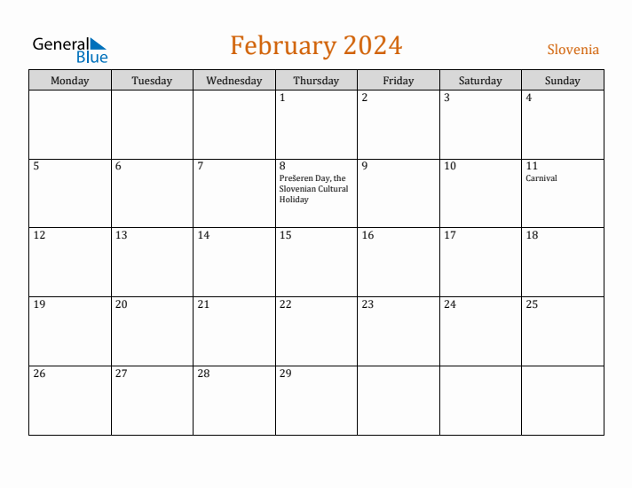 February 2024 Holiday Calendar with Monday Start