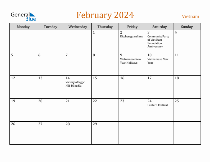 February 2024 Holiday Calendar with Monday Start