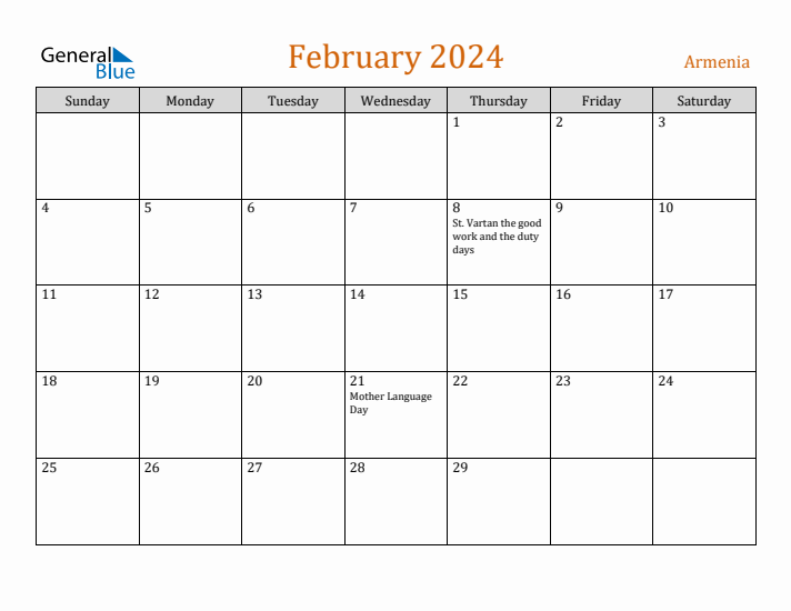 February 2024 Holiday Calendar with Sunday Start