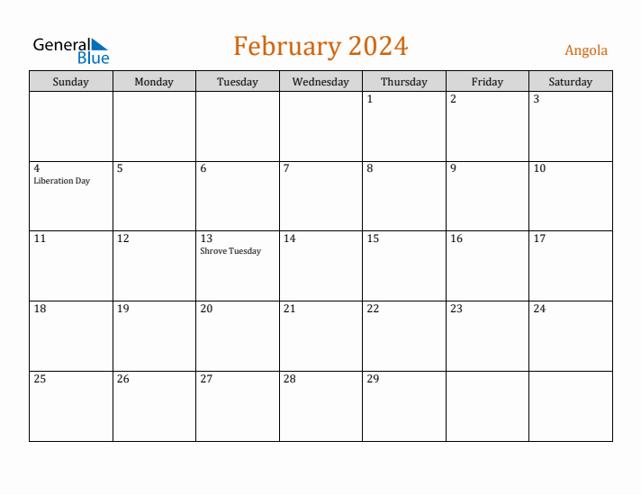 February 2024 Holiday Calendar with Sunday Start