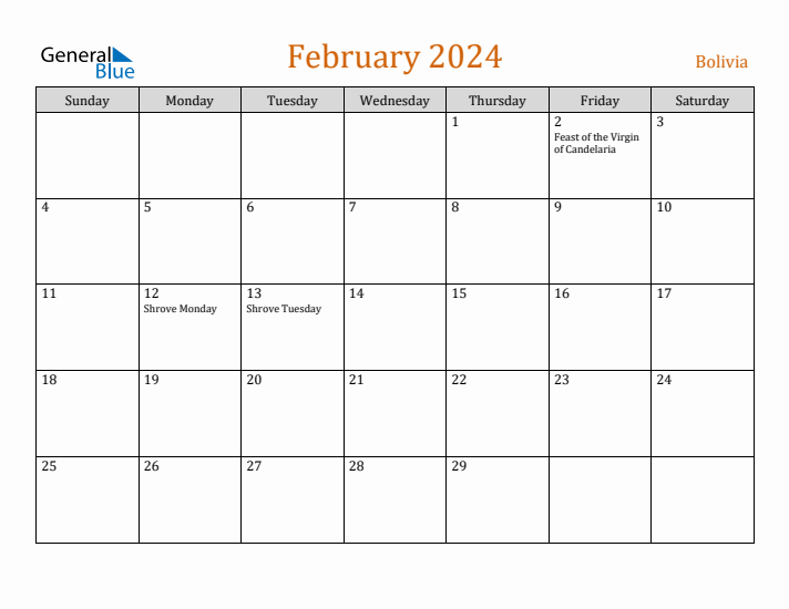 February 2024 Holiday Calendar with Sunday Start