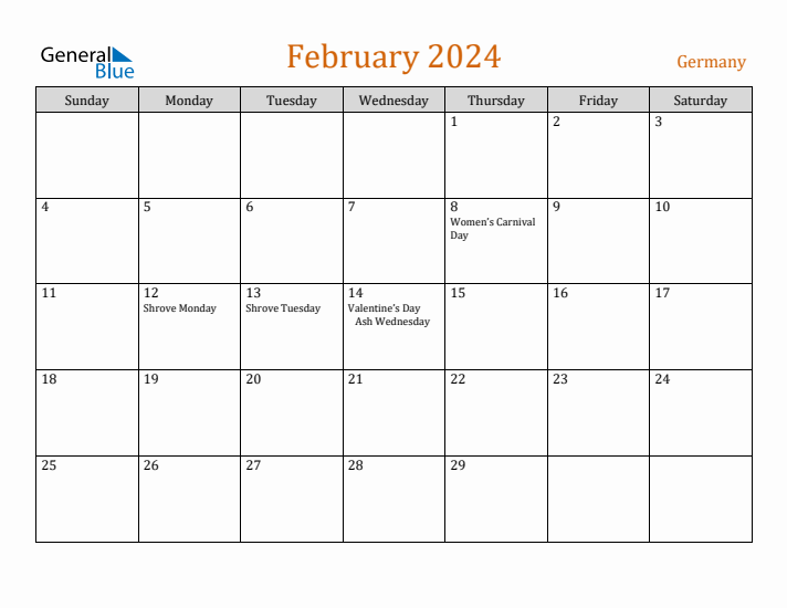 February 2024 Holiday Calendar with Sunday Start