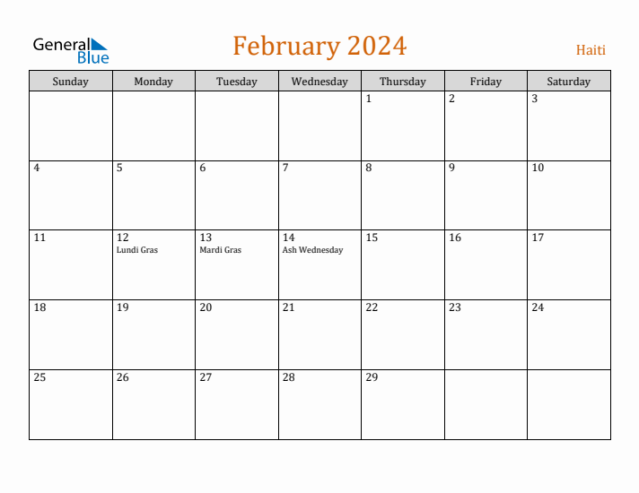 February 2024 Holiday Calendar with Sunday Start