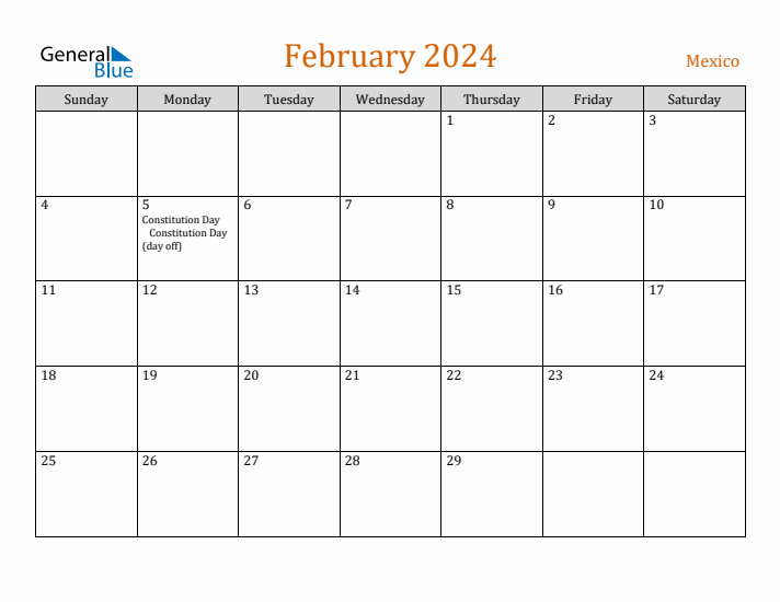 February 2024 Holiday Calendar with Sunday Start