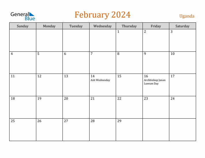 February 2024 Holiday Calendar with Sunday Start