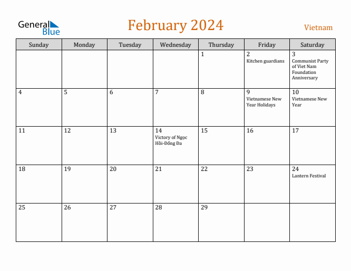 February 2024 Holiday Calendar with Sunday Start