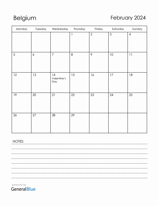 February 2024 Belgium Calendar with Holidays (Monday Start)