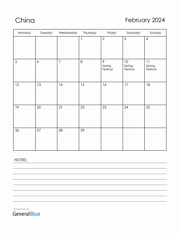 February 2024 China Calendar with Holidays (Monday Start)