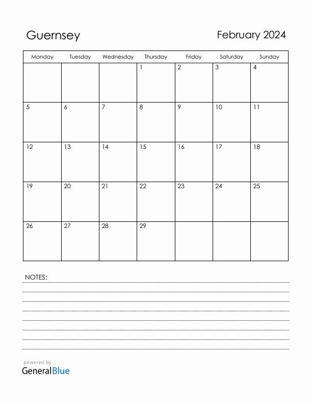 February 2024 Guernsey Calendar with Holidays (Monday Start)