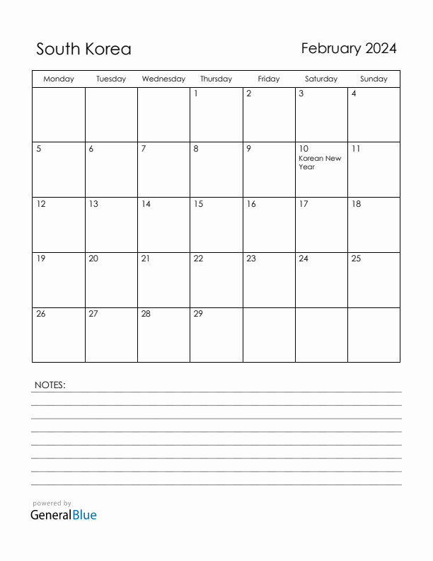 February 2024 South Korea Calendar with Holidays (Monday Start)