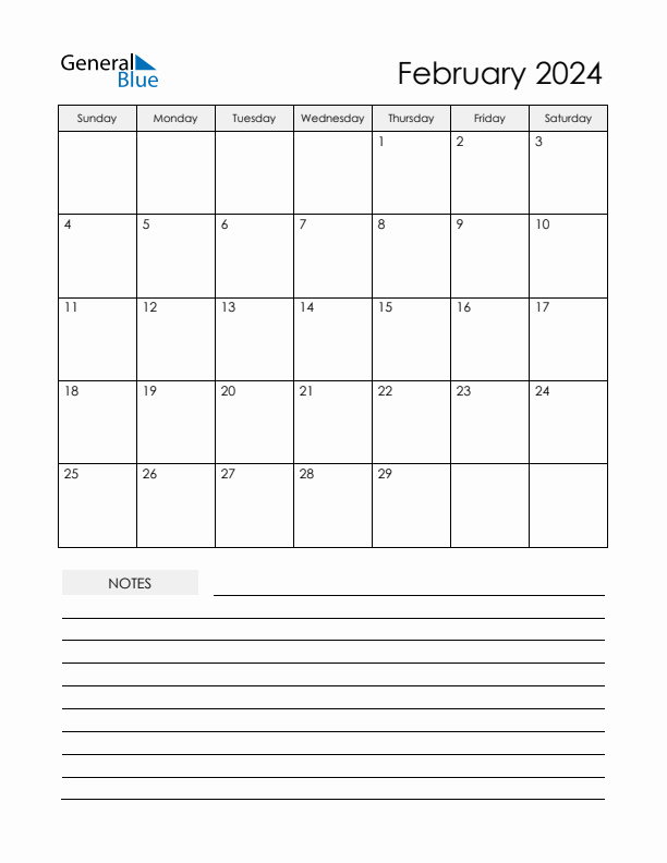 Printable Calendar with Notes - February 2024 