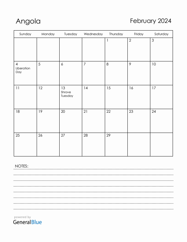 February 2024 Angola Calendar with Holidays (Sunday Start)