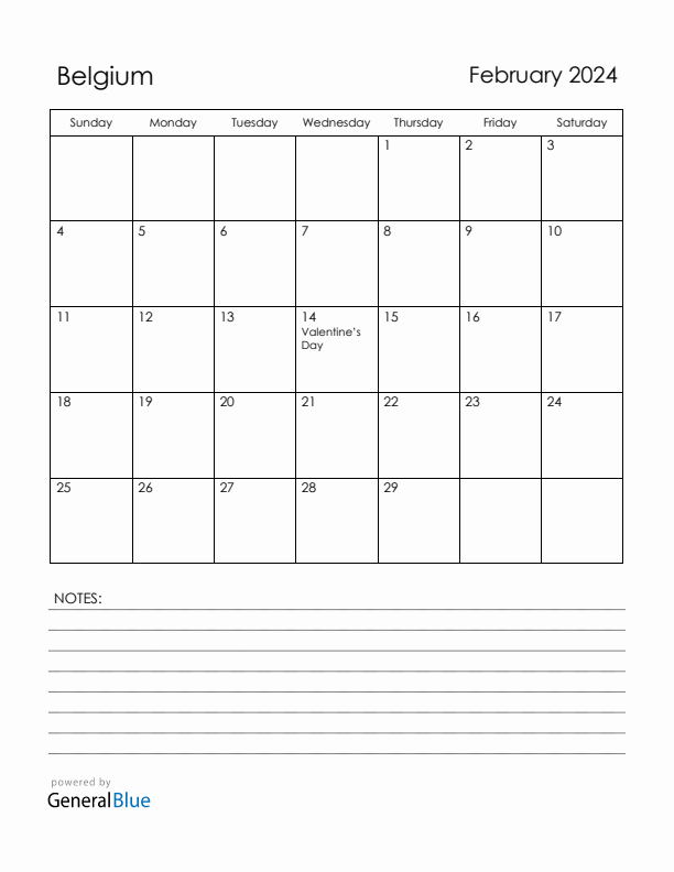 February 2024 Belgium Calendar with Holidays (Sunday Start)