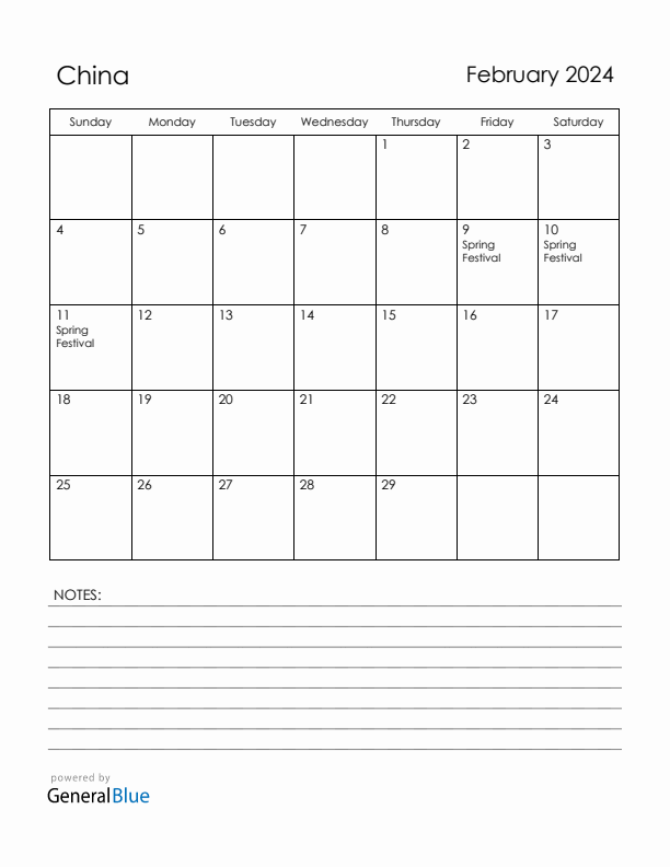 February 2024 China Calendar with Holidays (Sunday Start)