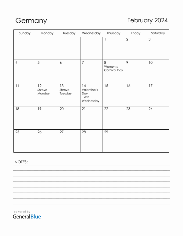 February 2024 Germany Calendar with Holidays (Sunday Start)