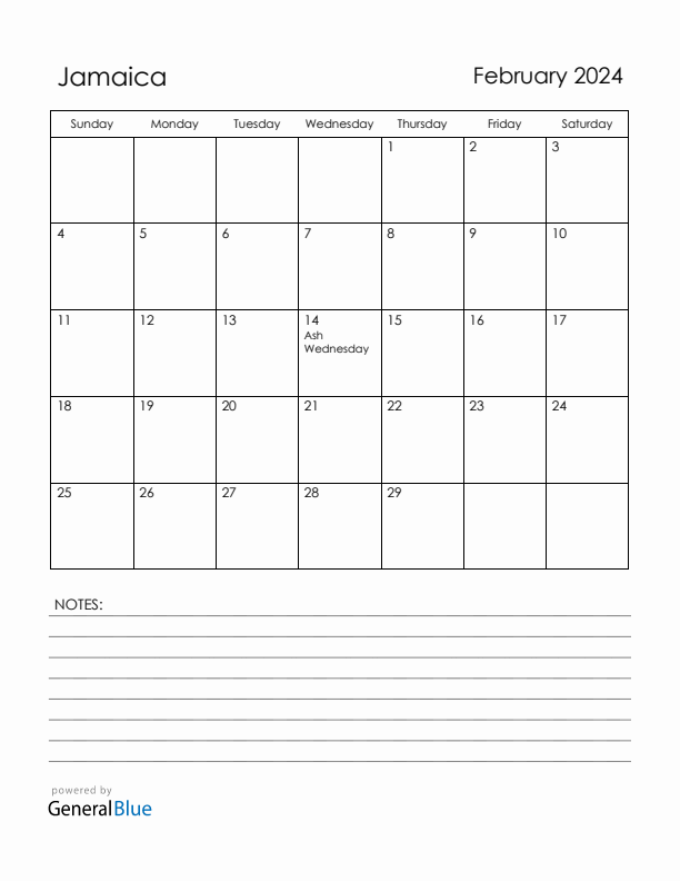 February 2024 Jamaica Calendar with Holidays (Sunday Start)