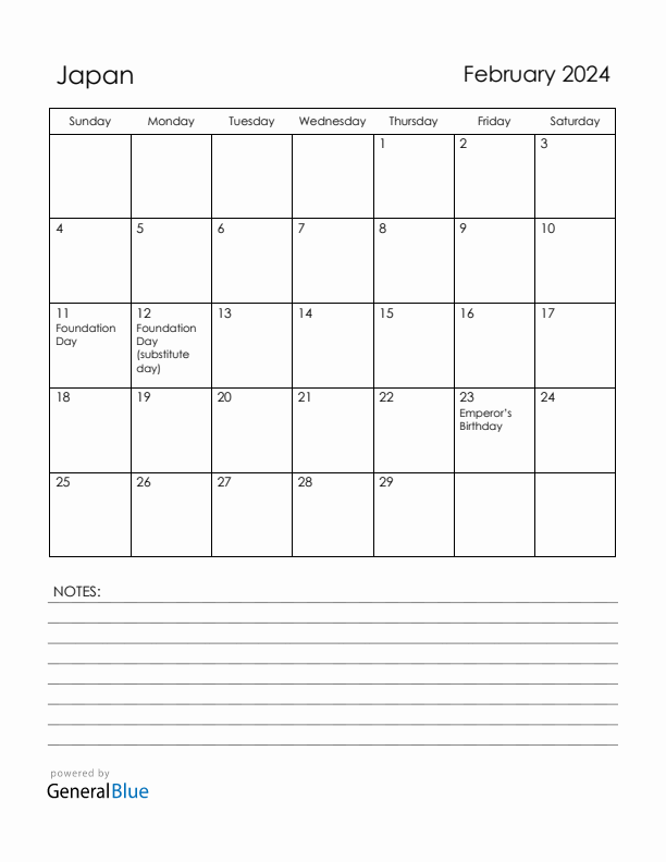 February 2024 Japan Calendar with Holidays (Sunday Start)