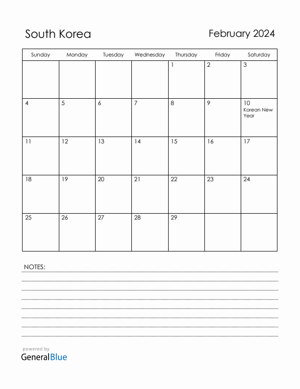 February 2024 South Korea Calendar with Holidays (Sunday Start)