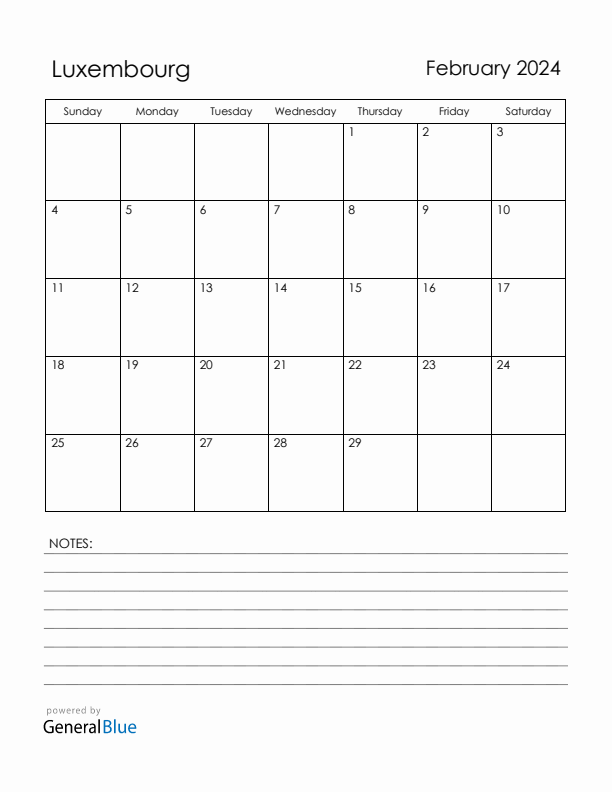 February 2024 Luxembourg Calendar with Holidays (Sunday Start)