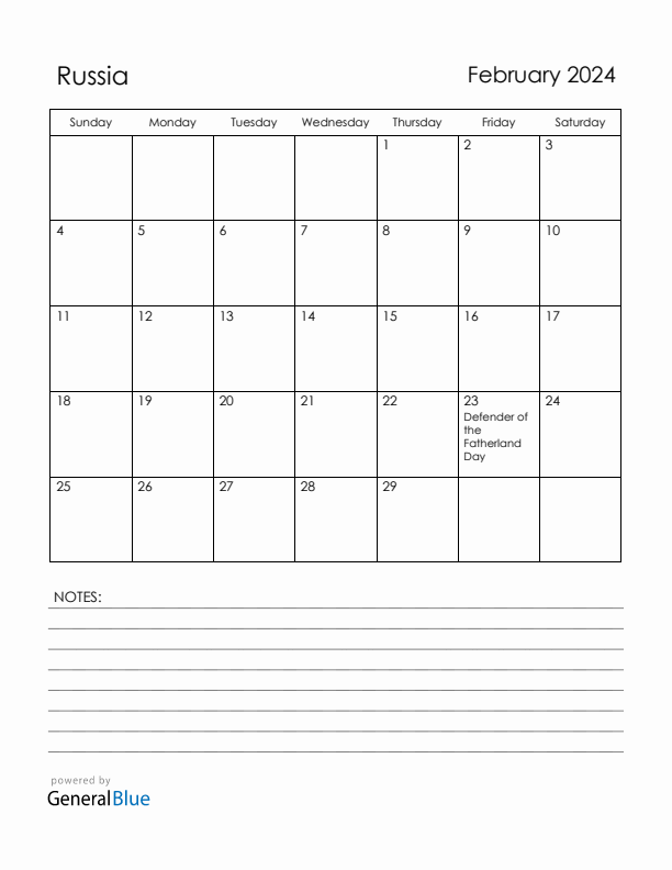 February 2024 Russia Calendar with Holidays (Sunday Start)