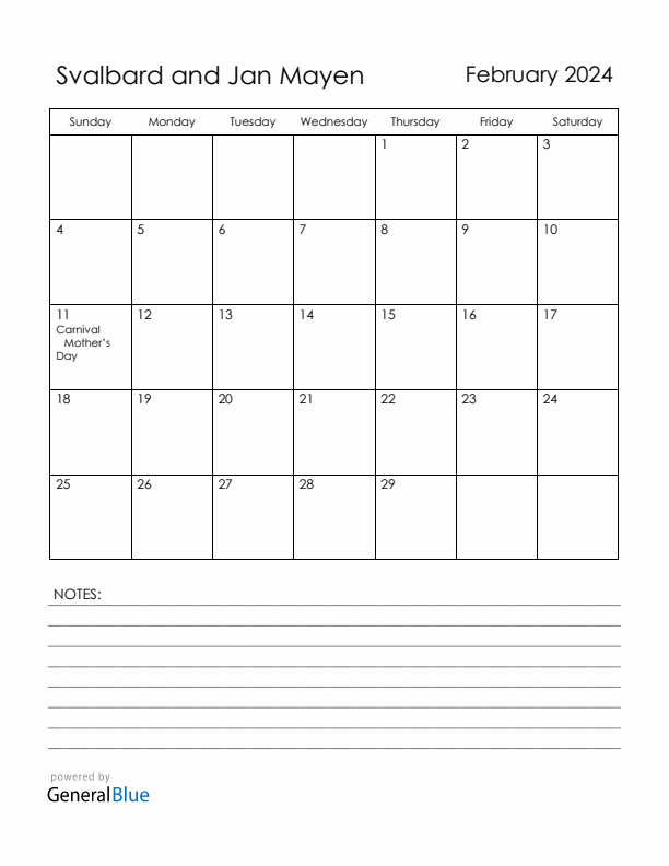 February 2024 Svalbard and Jan Mayen Calendar with Holidays (Sunday Start)