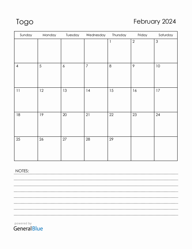 February 2024 Togo Calendar with Holidays (Sunday Start)
