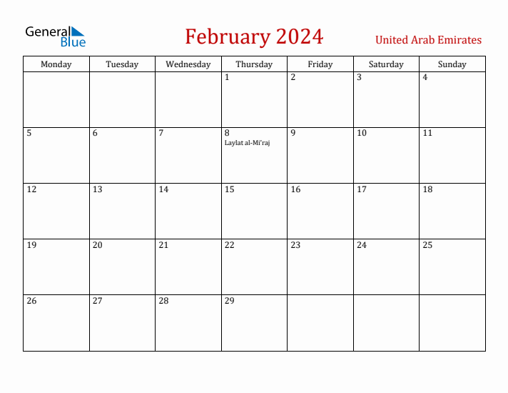 United Arab Emirates February 2024 Calendar - Monday Start