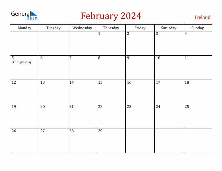 Ireland February 2024 Calendar - Monday Start