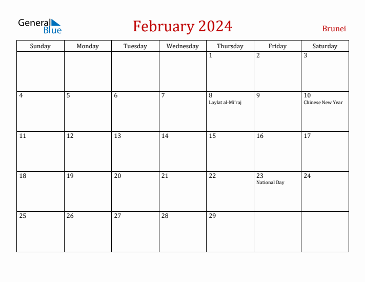 Brunei February 2024 Calendar - Sunday Start