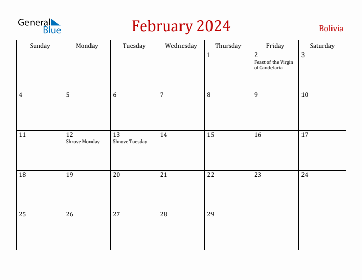 Bolivia February 2024 Calendar - Sunday Start