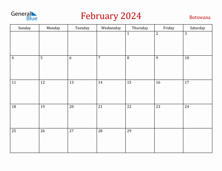 Botswana February 2024 Calendar - Sunday Start