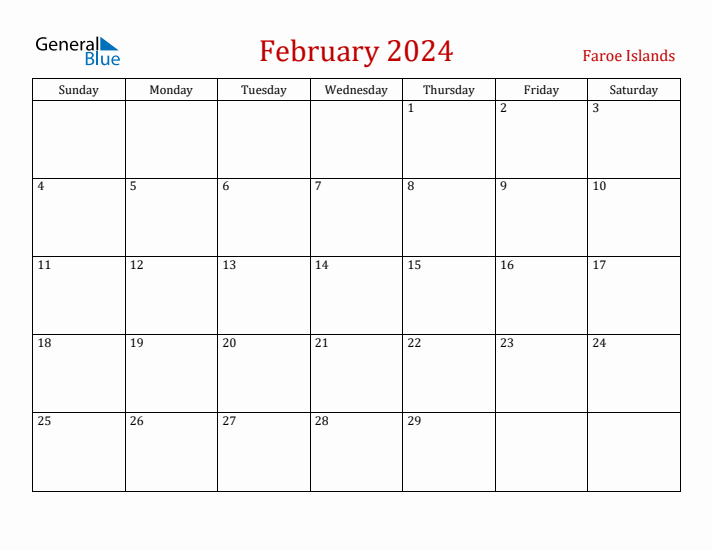 Faroe Islands February 2024 Calendar - Sunday Start